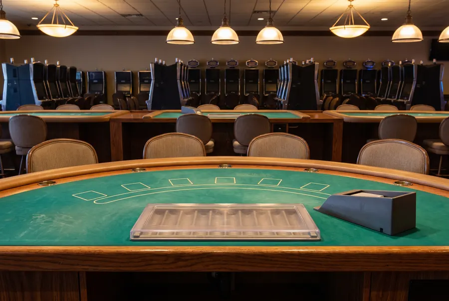 Generated illustration: an empty blackjack table with green felt, a closed chip tray and a card shoe under pendant lamps, with rows of dark slot machines behind; not a photograph of the casino.